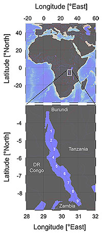 Map of Lake Tanganyika including the nine sampling stations of our lake-wide surveys.