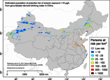 Karte der möglicherweise von zu hohen Arsenwerten im Wasser betroffenen Bevölkerung in China.
