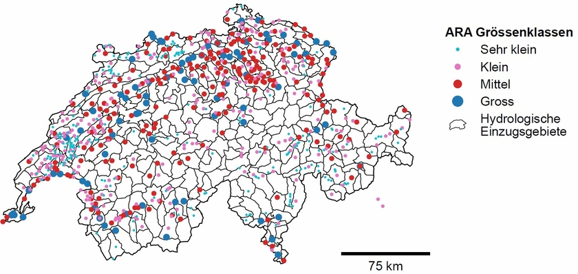 Die meisten und grössten Kläranlagen befinden sich dort, wo auch der grösste Wasserbedarf besteht (Grafik: Eawag).