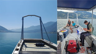 Relevé d’échantillons devant le panorama idyllique du lac de Zoug (Photos: Sina Schorn, Juliane Schötz, Institut Max-Planck de microbiologie marine).