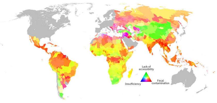 Regions in low- and middle-income countries where fecal contamination, lack of accessibility and insufficiency are limiting use of safely managed drinking water services. (Graphic: Tom Lauber and Esther Greenwood. Reprinted with permission, from E. E. Greenwood et al., Science 385:784, doi: 10.1126/science.adh9578 (2024))