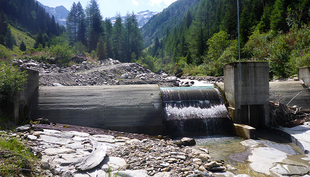 Le barrage de la petite centrale hydraulique de «Wannebode» près de Reckingen (VS) constitue une véritable interruption de la continuité écologique du Blinnenbach. (Photo : Eawag)