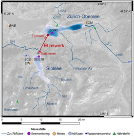 Messpunkte am Sihlsee und Zürich-Obersee im Zusammenhang mit dem Etzelwerk. 