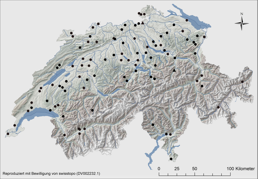 Rund 100 Bäche in der ganzen Schweiz wurden in der Studie untersucht. Grafik: Ilg & Alther, 2024, überarbeitet.