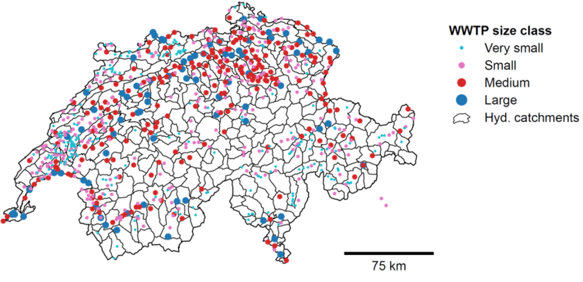 Most of the largest wastewater treatment plants are located where the demand for water is highest (Graphic: Eawag).